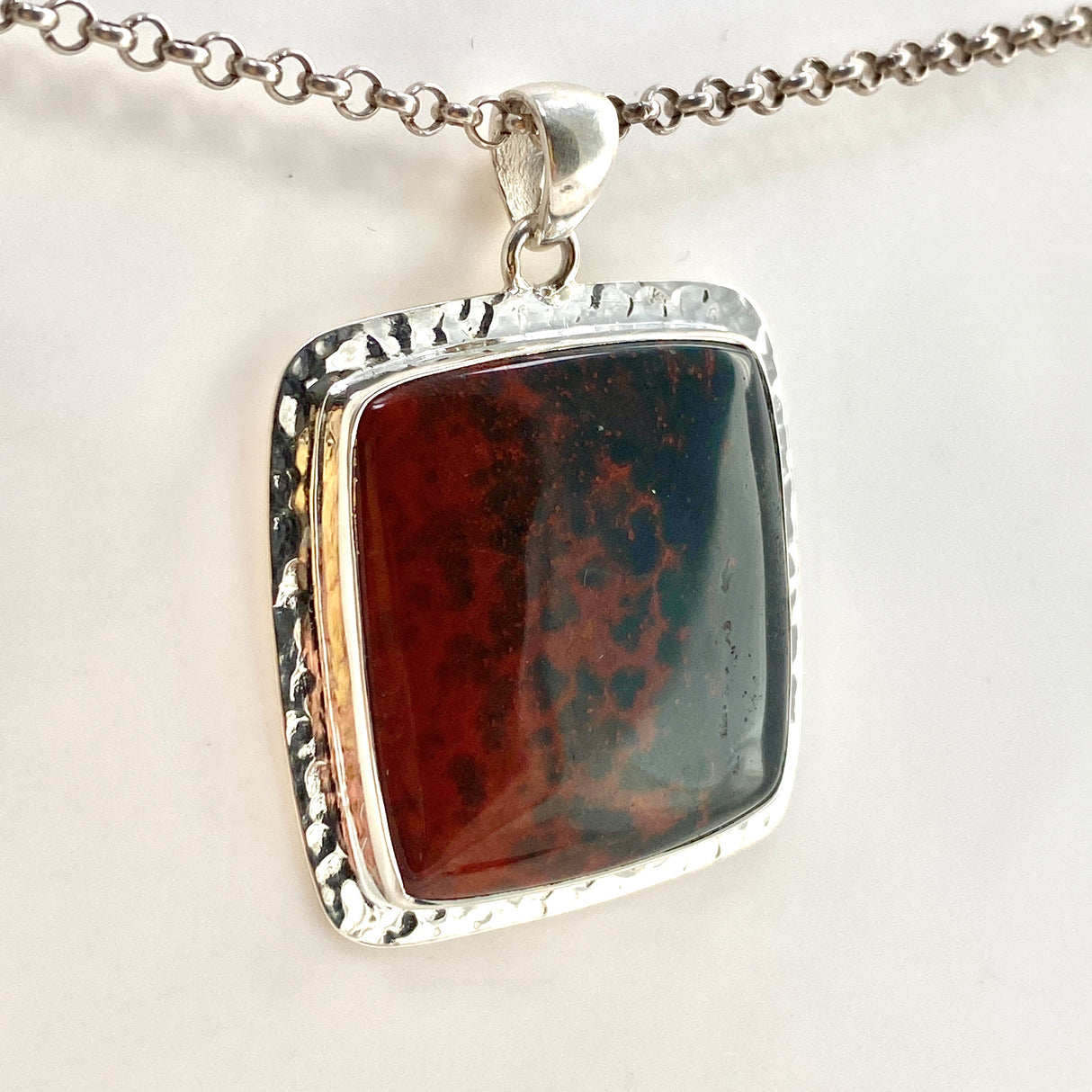 Bloodstone Square Cabochon Pendant in a Hammered Setting KPGJ4743