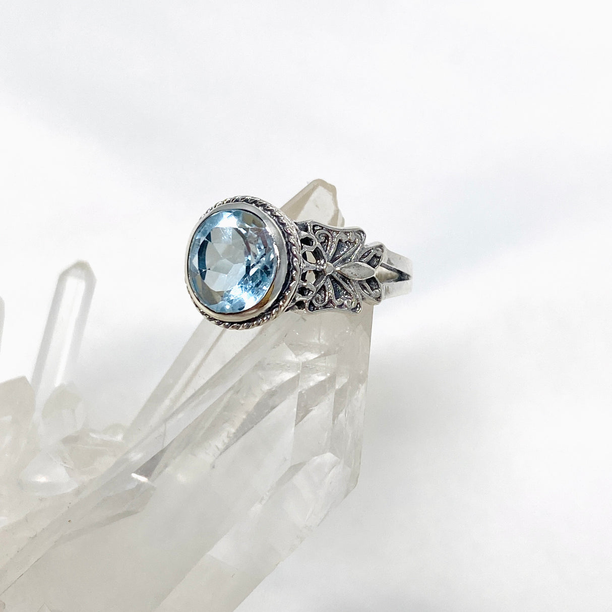 Blue Topaz Faceted Round Ring in a Decorative Setting R3671