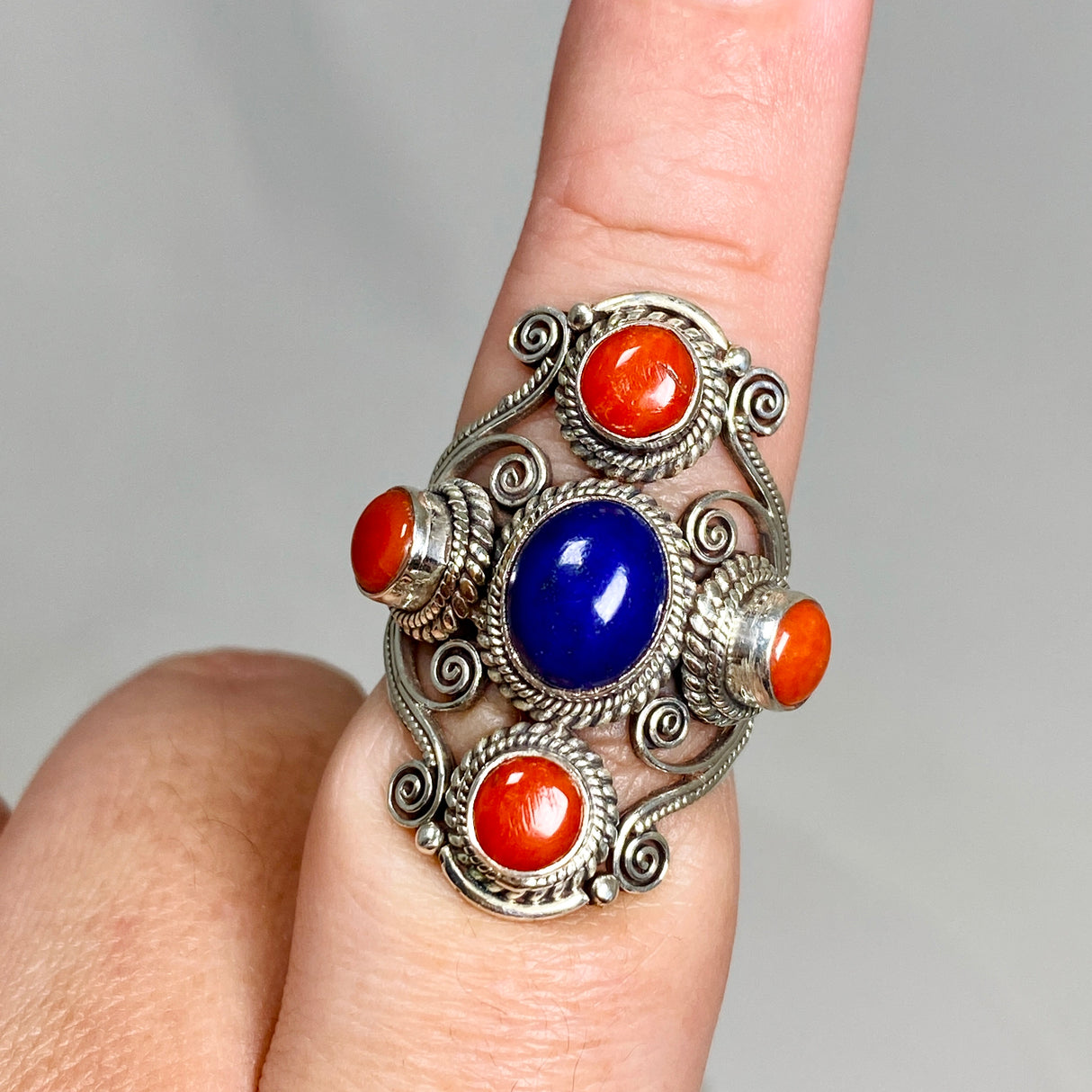 Boho Style Lapis and Coral multi stone ring Size 9 KRGJ3270