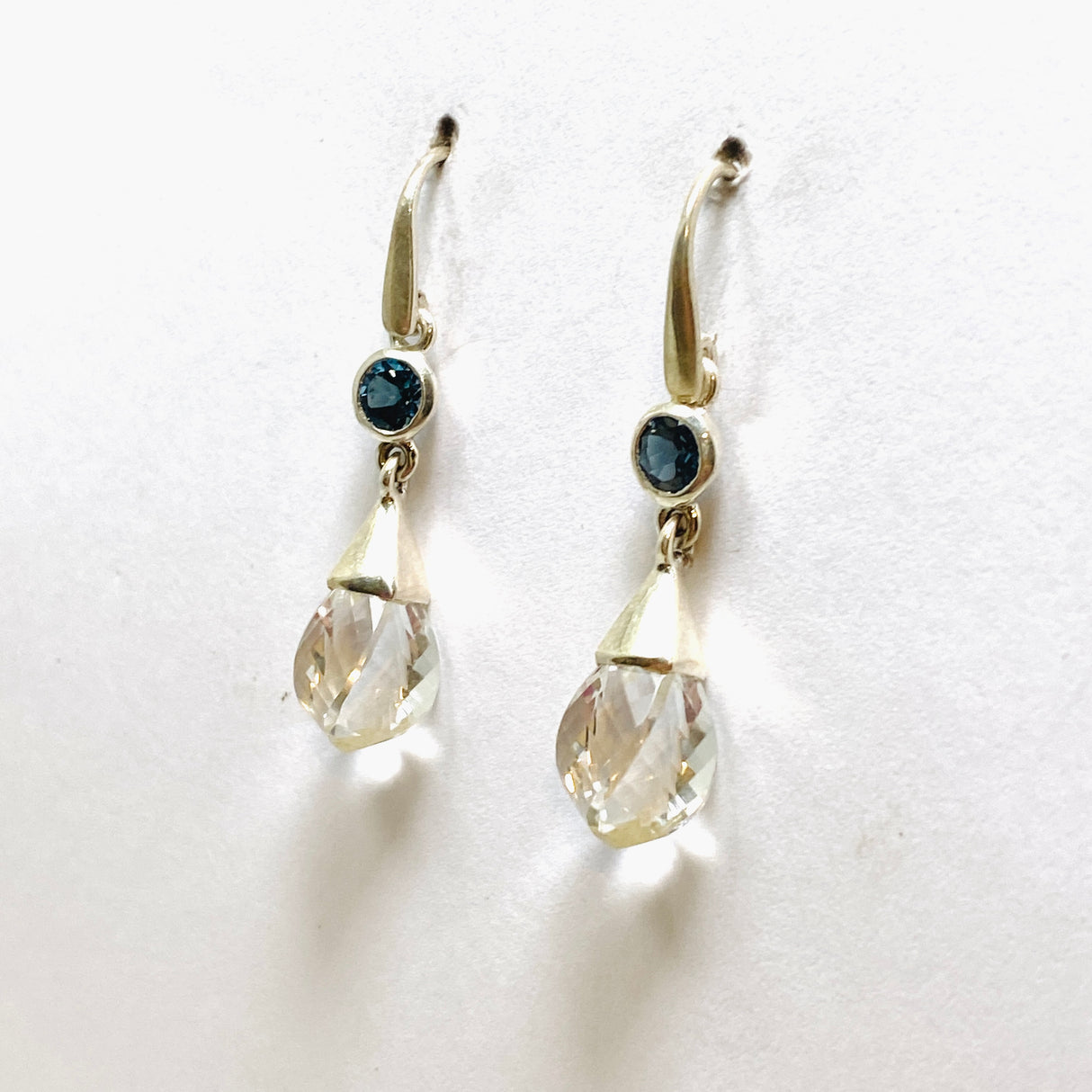 Clear Quartz Briolette Faceted Earrings with Blue Topaz Accent Stones PEGJ238