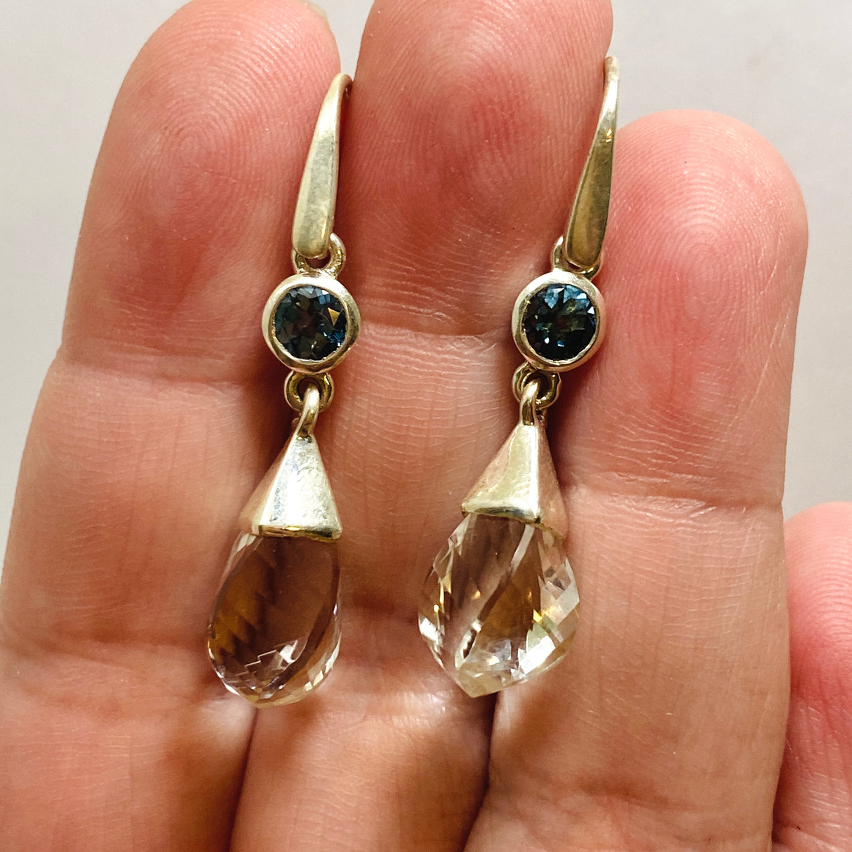 Clear Quartz Briolette Faceted Earrings with Blue Topaz Accent Stones PEGJ238