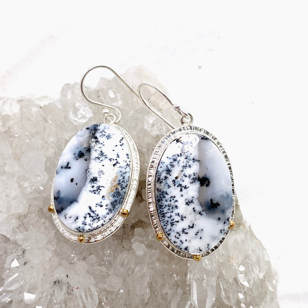 Dendritic Opal Oval Cabochon Earrings in a Decorative Setting KEGJ1539