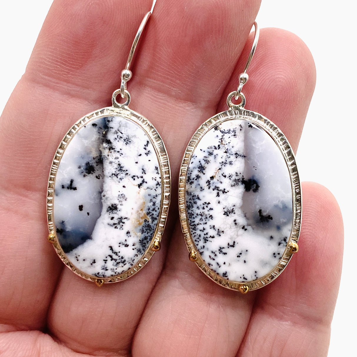 Dendritic Opal Oval Cabochon Earrings in a Decorative Setting KEGJ1539