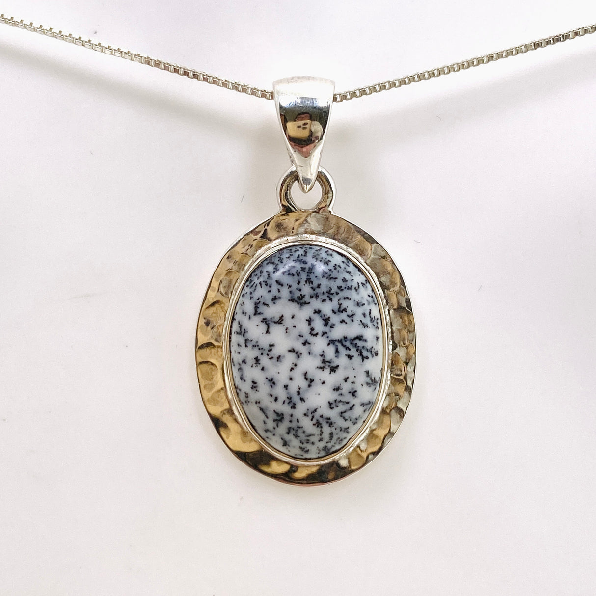 Dendritic Opal Oval Cabochon Pendant in a Hammered Setting KPGJ4675