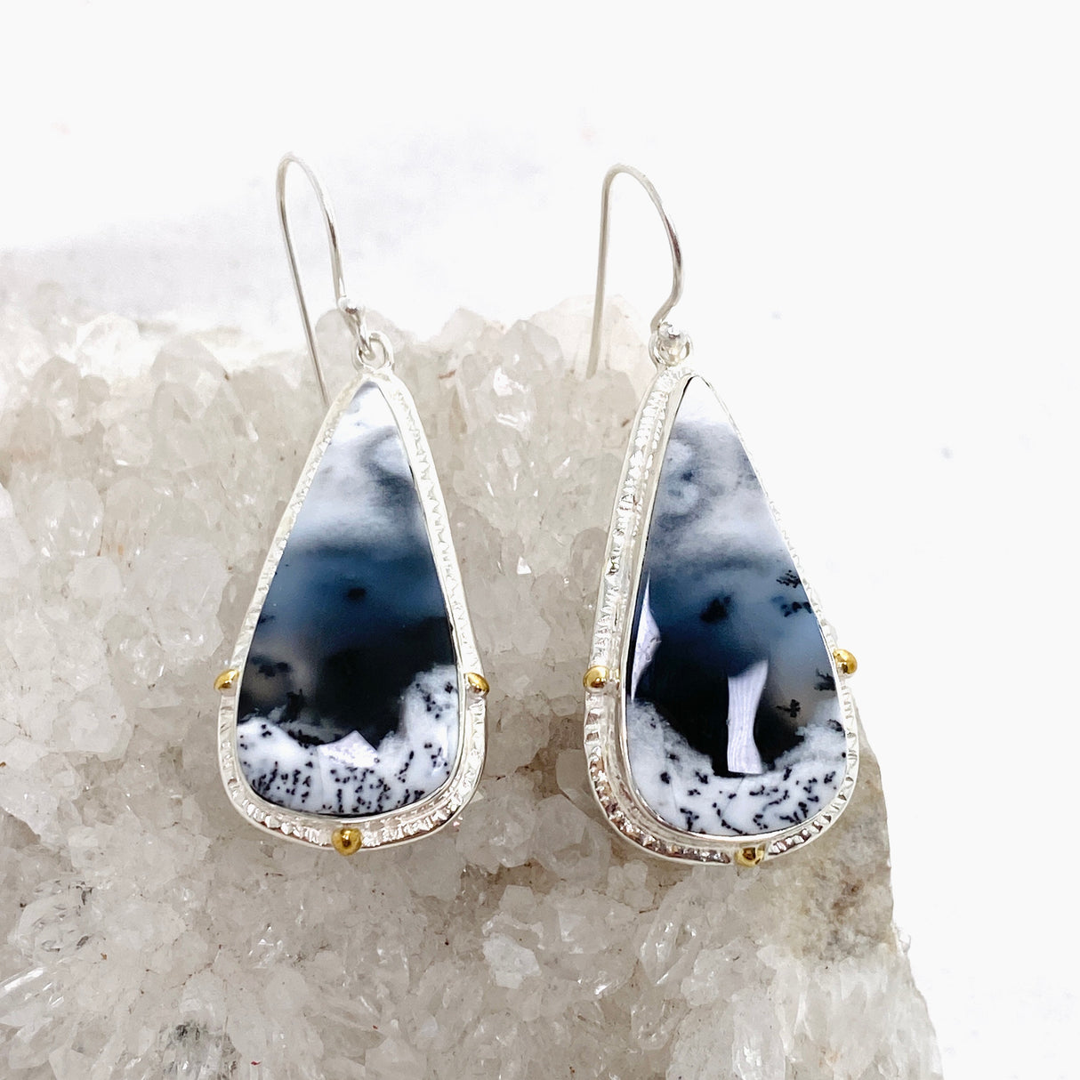 Dendritic Opal Teardrop Cabochon Earrings in a Decorative Setting KEGJ1540