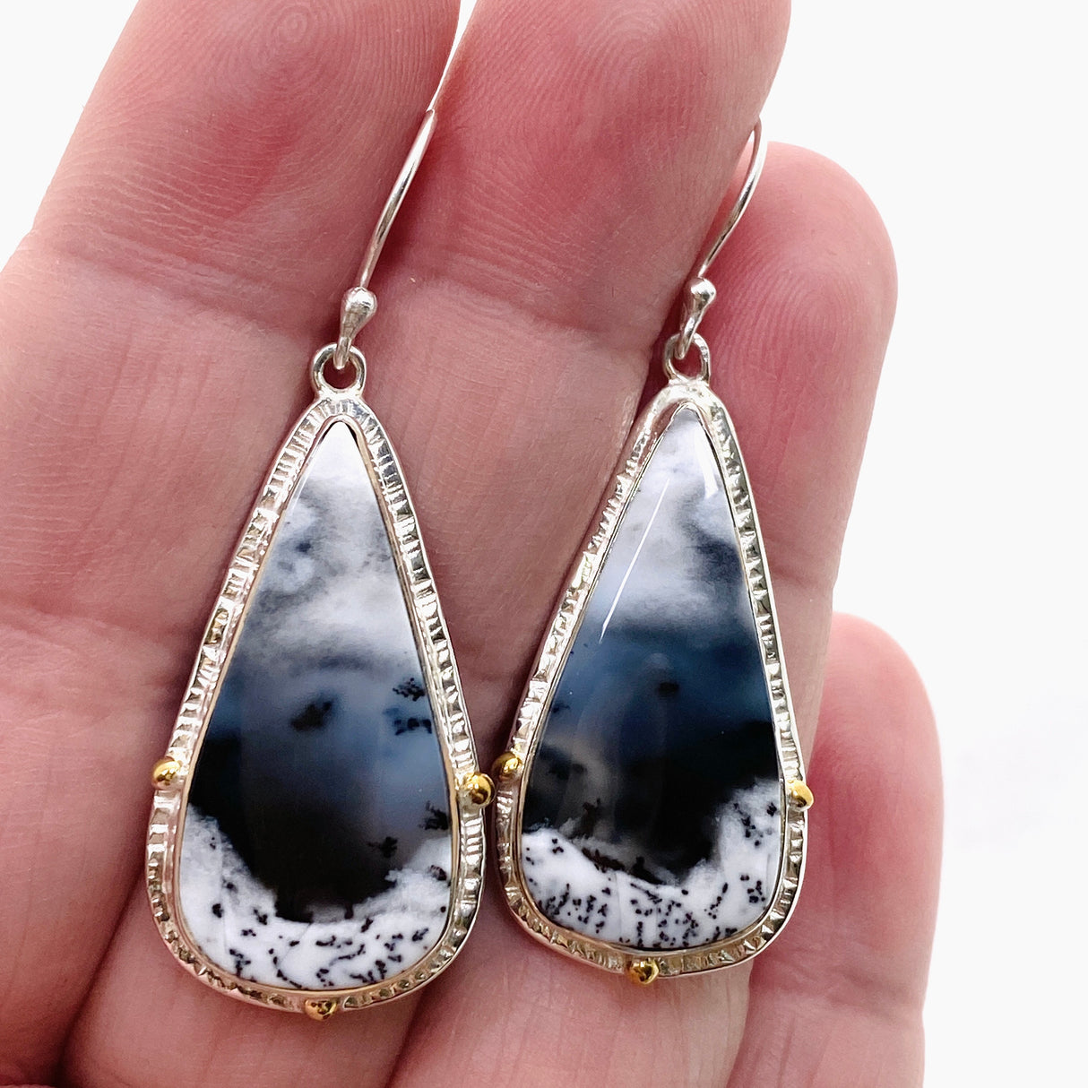 Dendritic Opal Teardrop Cabochon Earrings in a Decorative Setting KEGJ1540