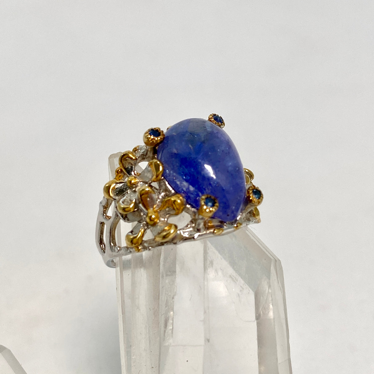 Tanzanite teardrop cabochon with Sapphire and 18ct Gold plate ring Size 7 GRA950