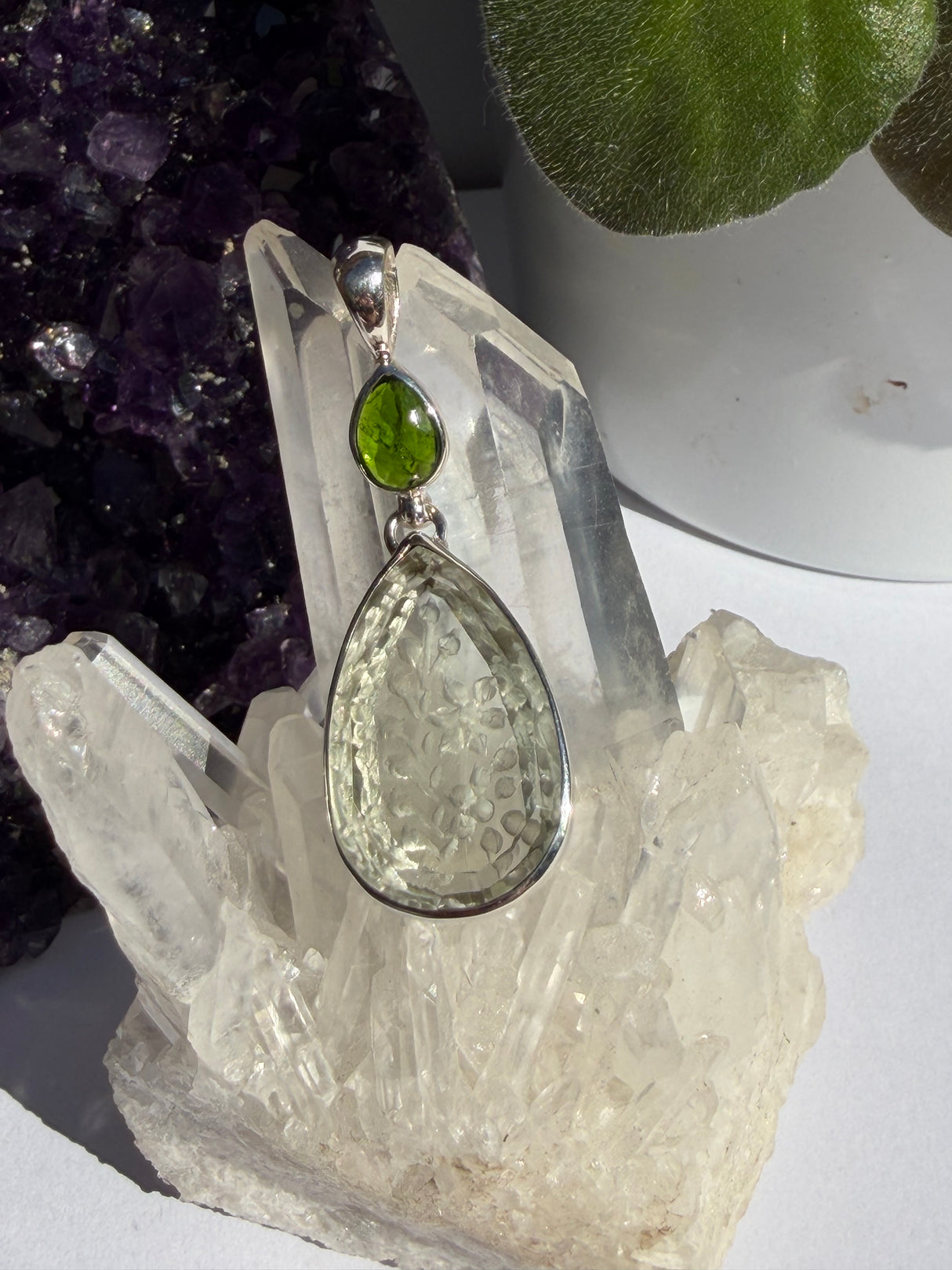Chrome Diopside & Carved Prasiolite Sterling Silver Pendant EPGJ18