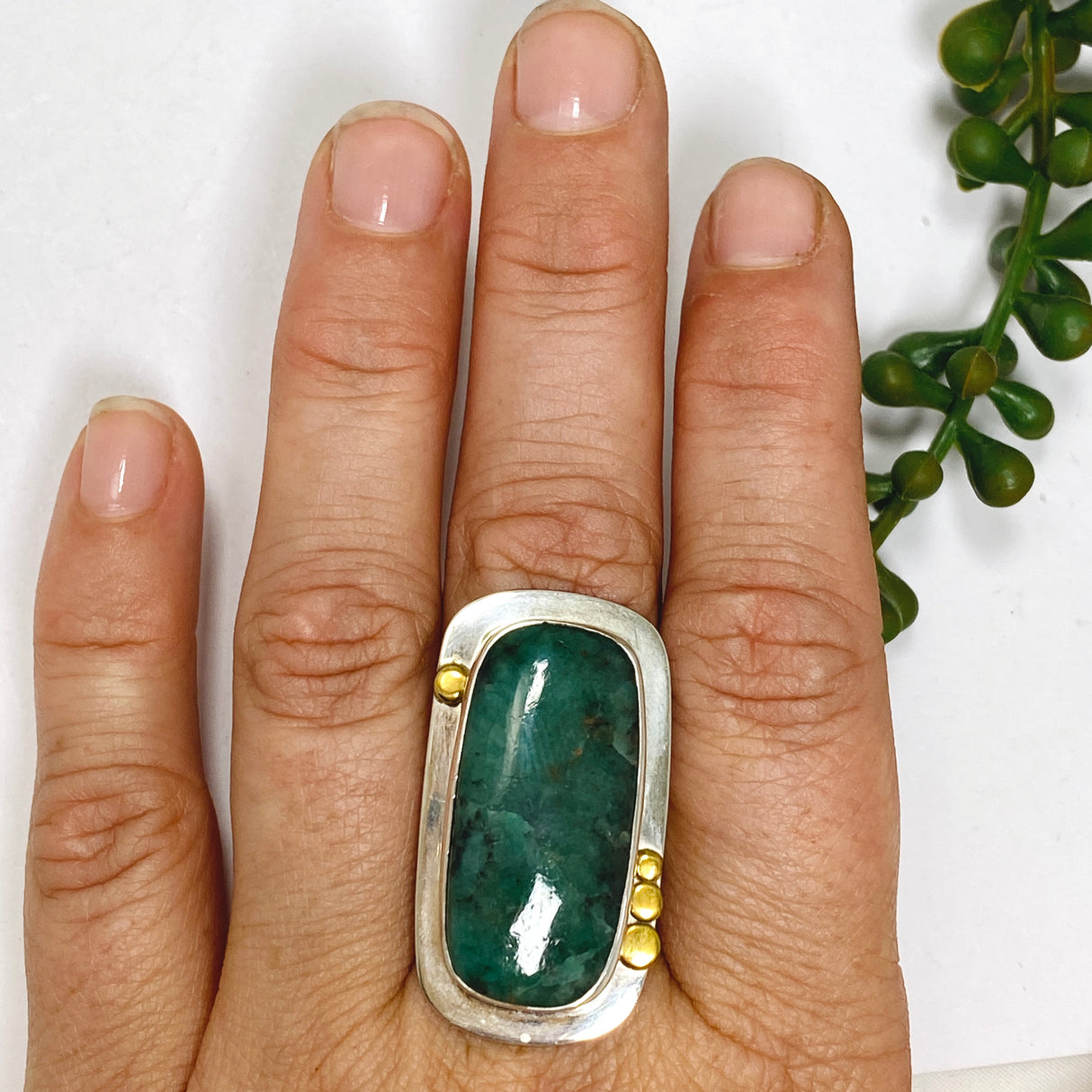 Emerald Rectangular Ring with Brass Detailing Size 8 KRGJ3114