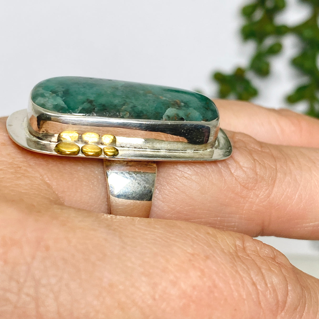 Emerald Rectangular Ring with Brass Detailing Size 8 KRGJ3114