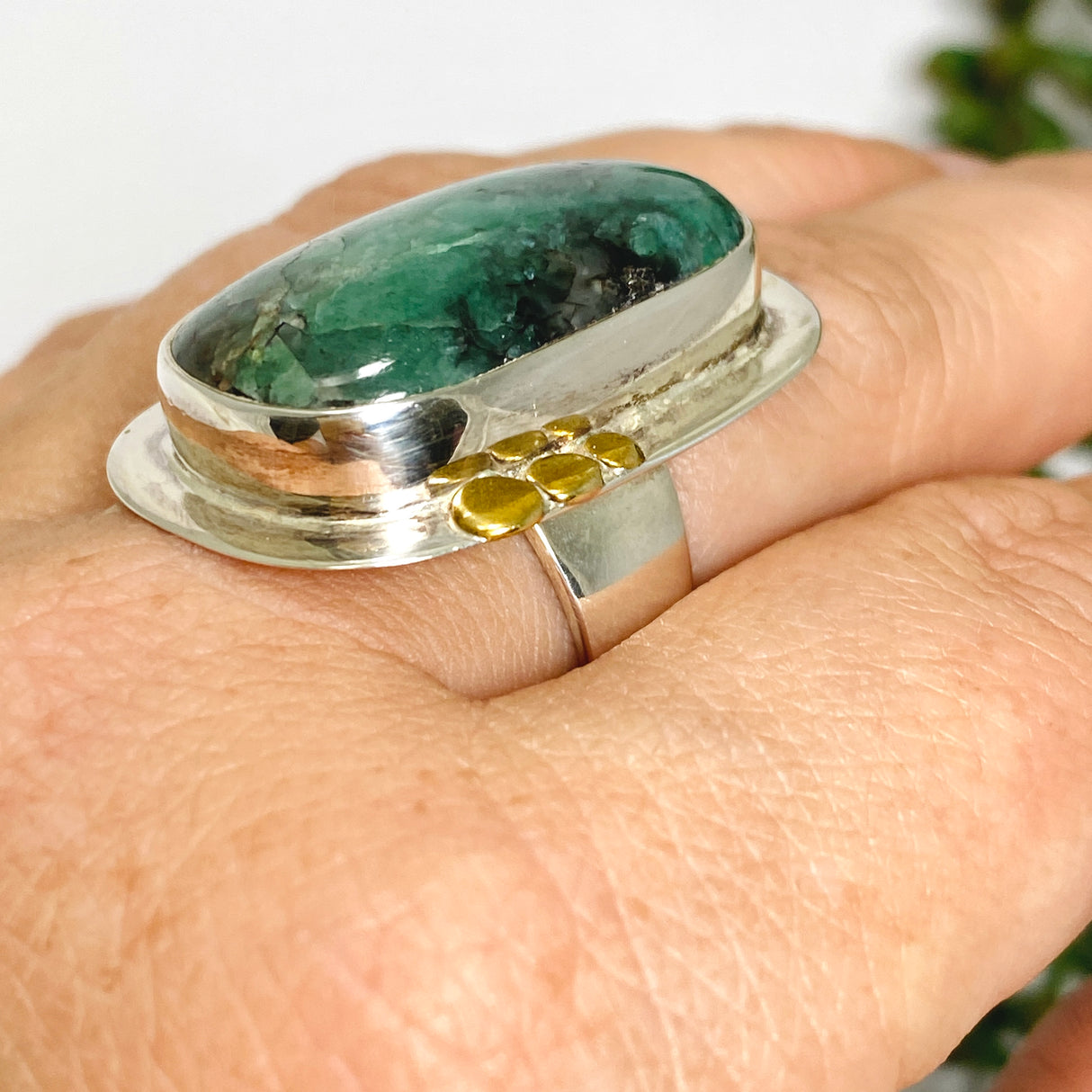 Emerald Rectangular Ring with Brass Detailing Size 9 KRGJ3113