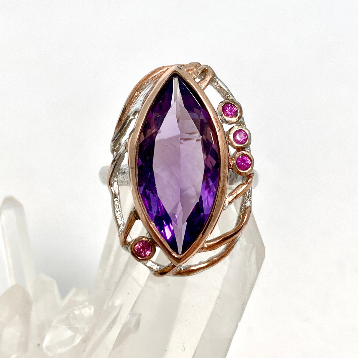 Amethyst with Rhodolite and Rose Gold plate ring size 8 GRA789