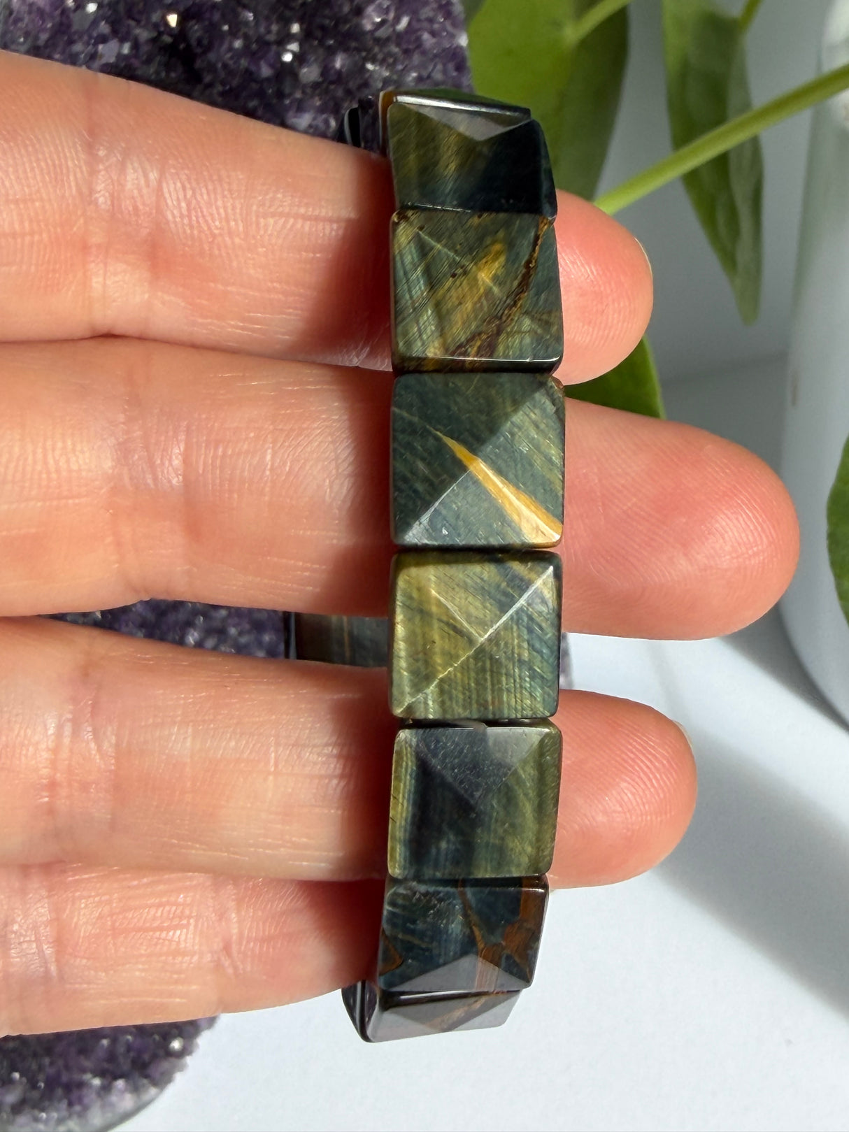 Gold and Blue Tiger's Eye Faceted Square Gemstone Bracelet