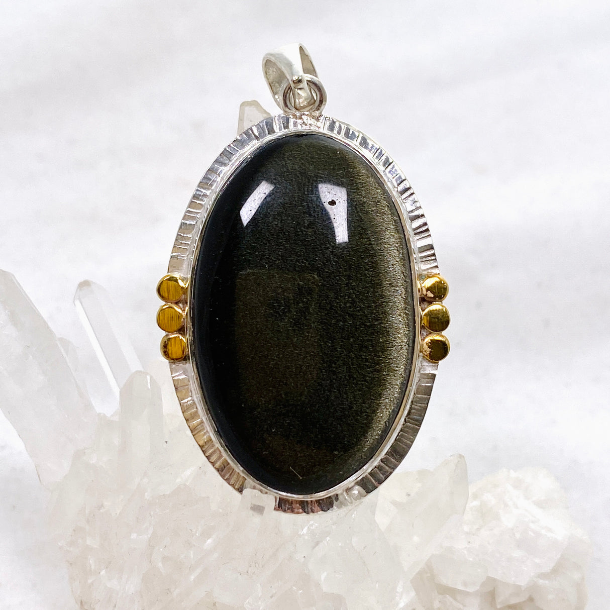 Goldsheen Obsidian Oval Cabochon Pendant in a Decorative Setting KPGJ4758