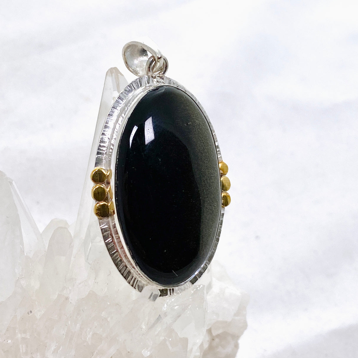 Goldsheen Obsidian Oval Cabochon Pendant in a Decorative Setting KPGJ4758