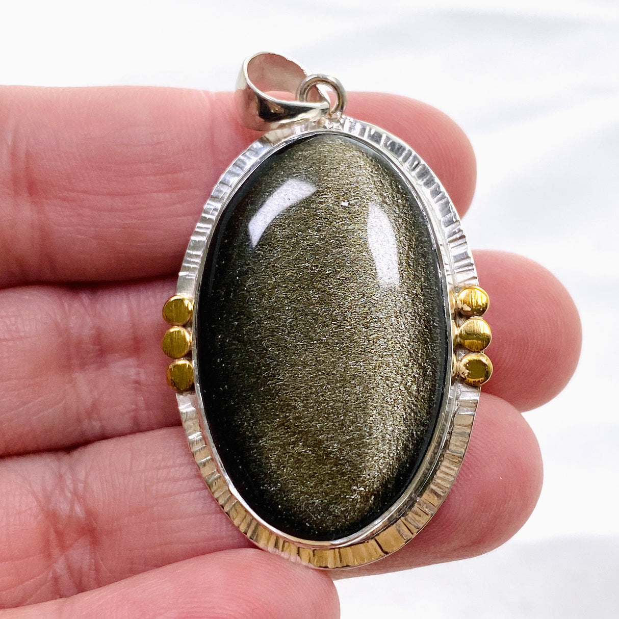 Goldsheen Obsidian Oval Cabochon Pendant in a Decorative Setting KPGJ4758