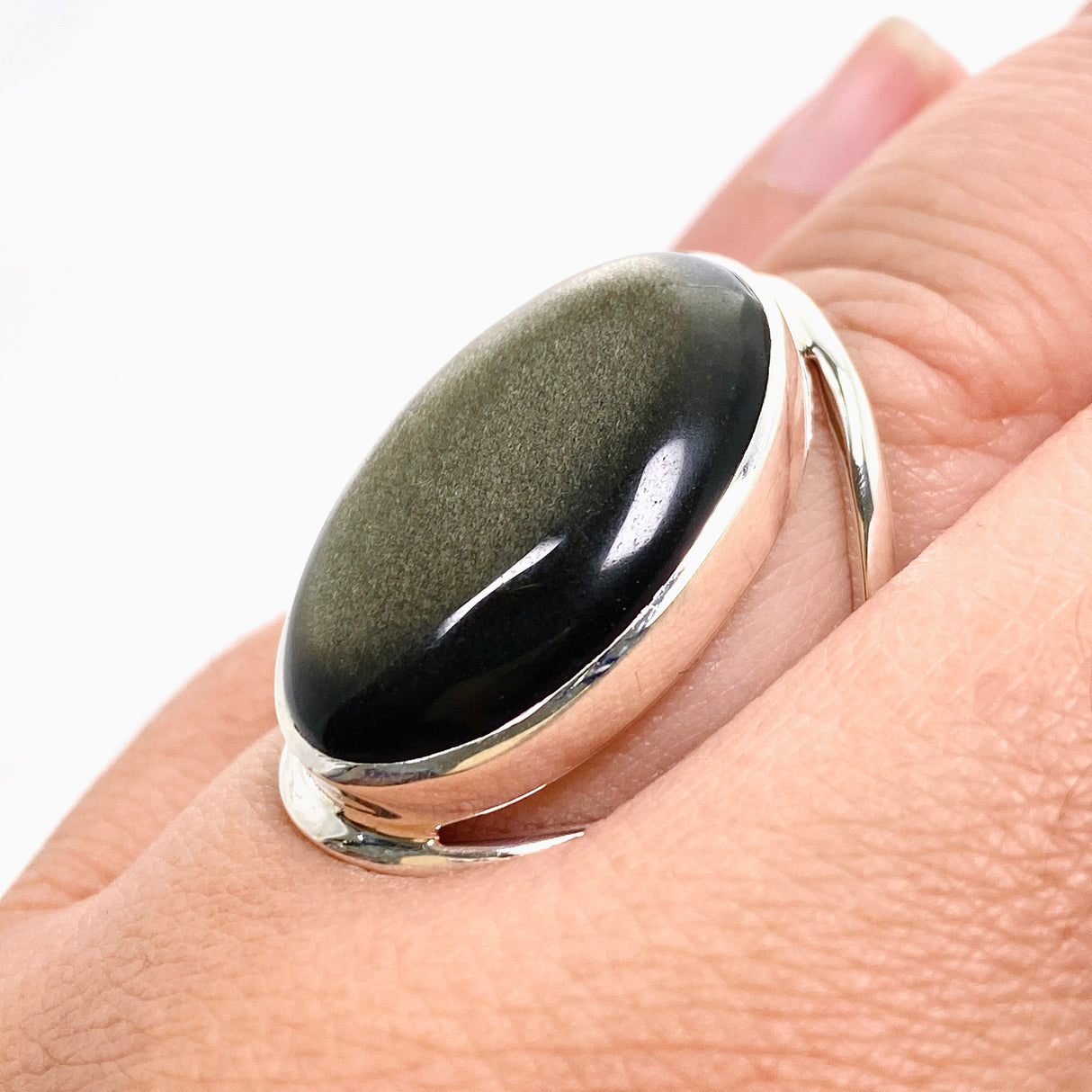 Goldsheen Obsidian Oval  Cabochon Split Band Ring Size 11 KRGJ3341