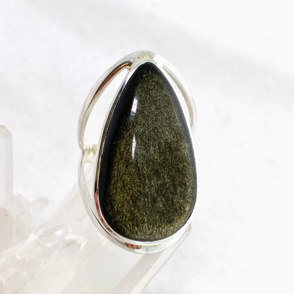 Goldsheen Obsidian Teardrop Cabochon Split Band Ring Size 9 KRGJ3344