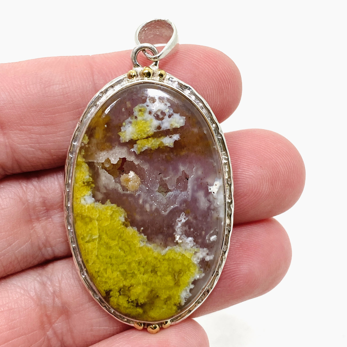 Green Opal (Madagascar) Druzy Oval Cabochon Pendant in a Decorative Setting KPGJ4661