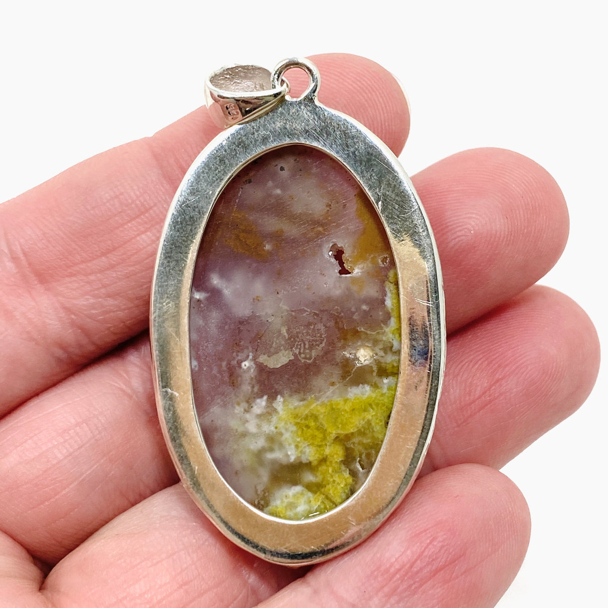 Green Opal (Madagascar) Druzy Oval Cabochon Pendant in a Decorative Setting KPGJ4661