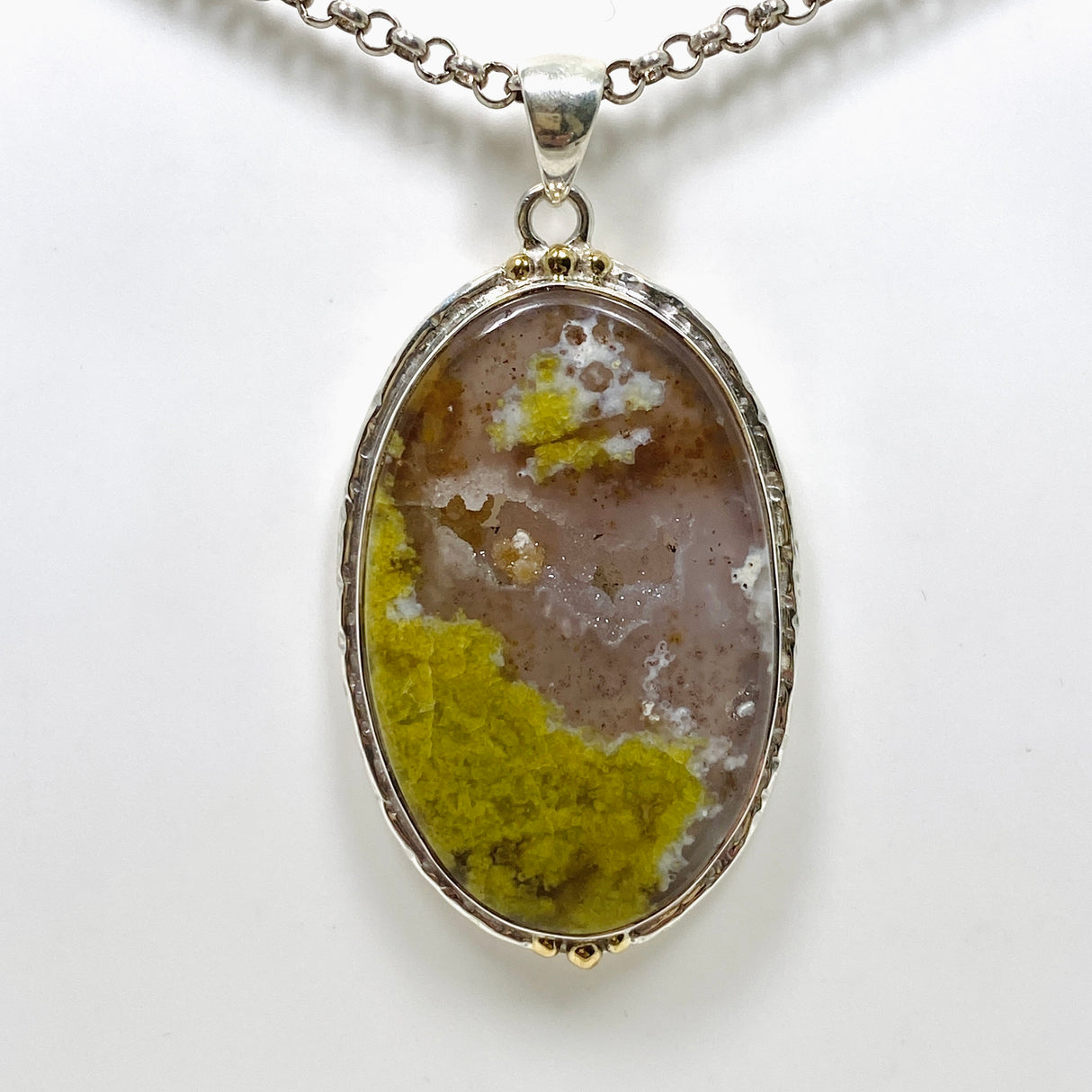 Green Opal (Madagascar) Druzy Oval Cabochon Pendant in a Decorative Setting KPGJ4661