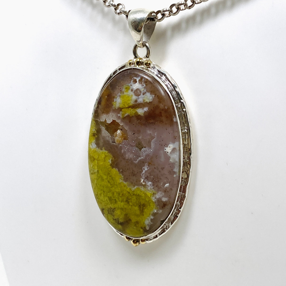 Green Opal (Madagascar) Druzy Oval Cabochon Pendant in a Decorative Setting KPGJ4661