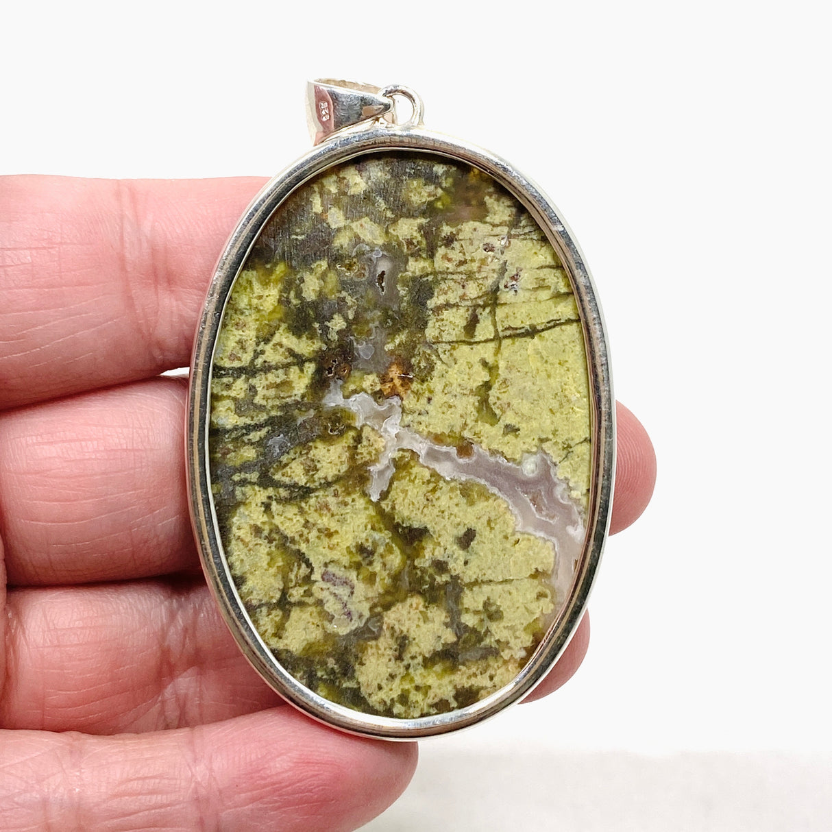 Green Opal (Madagascar) Druzy Oval Cabochon Pendant in a Hammered Setting KPGJ4655