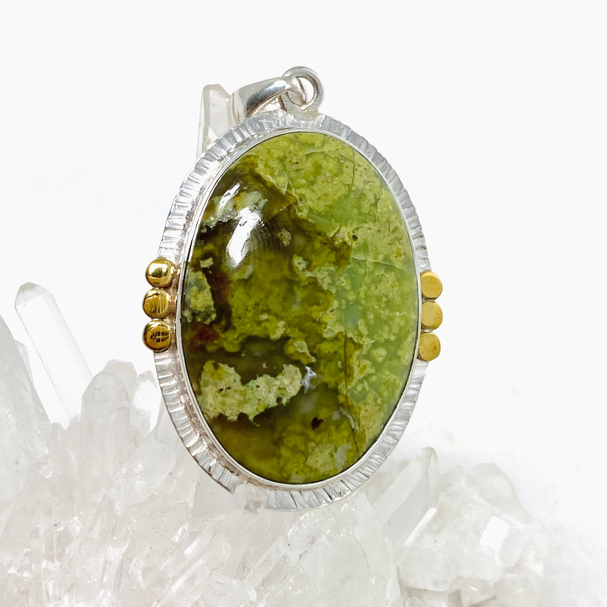 Green Opal (Madagascar) Oval Cabochon Pendant in a Decorative Setting KPGJ4662