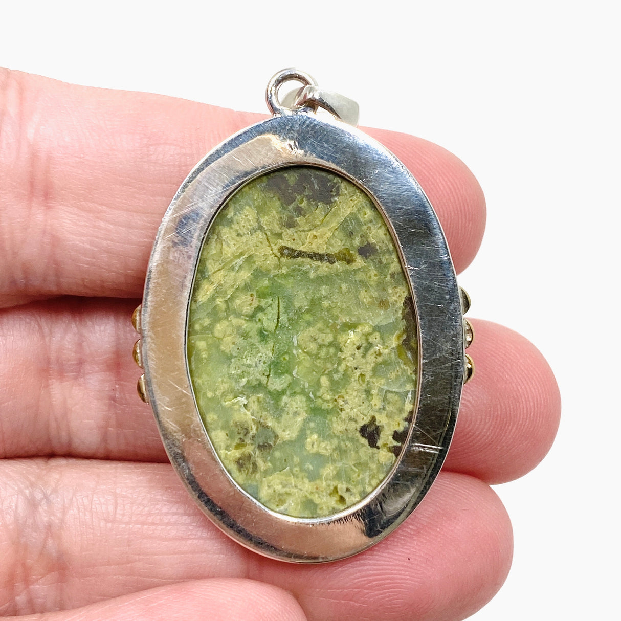 Green Opal (Madagascar) Oval Cabochon Pendant in a Decorative Setting KPGJ4662