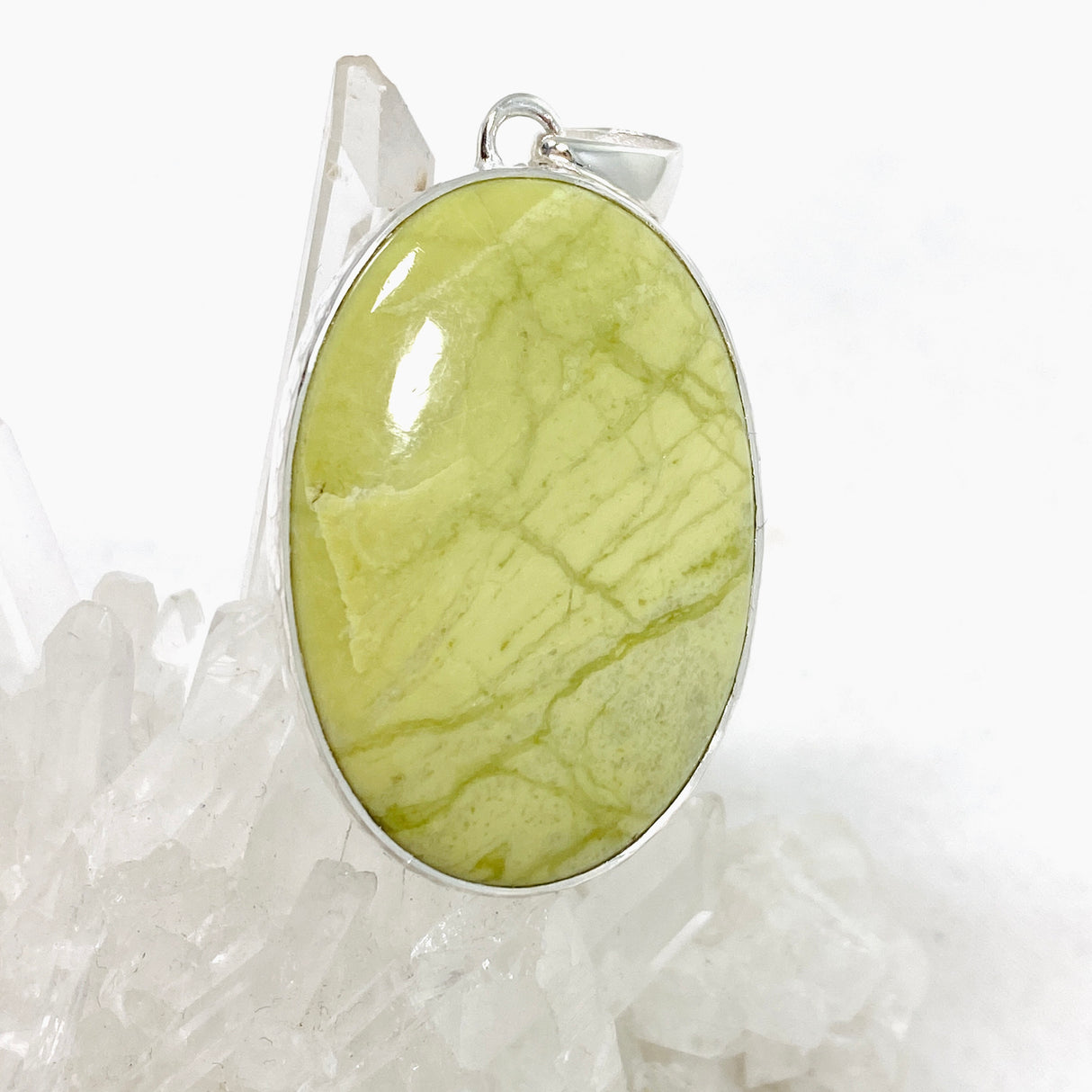 Green Opal (Madagascar) Oval Cabochon Pendant in a Hammered Setting KPGJ4653