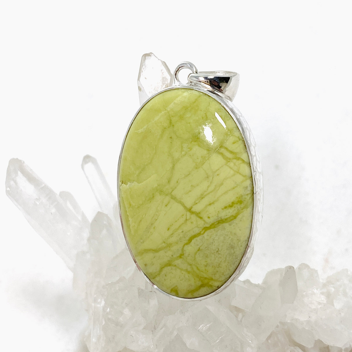 Green Opal (Madagascar) Oval Cabochon Pendant in a Hammered Setting KPGJ4653