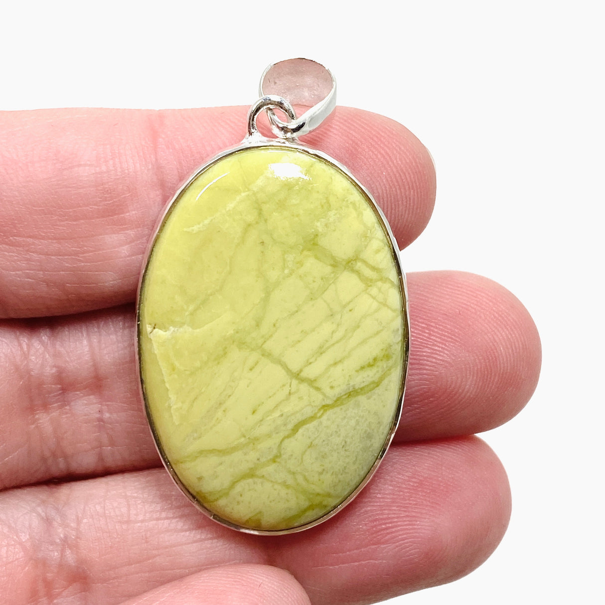 Green Opal (Madagascar) Oval Cabochon Pendant in a Hammered Setting KPGJ4653