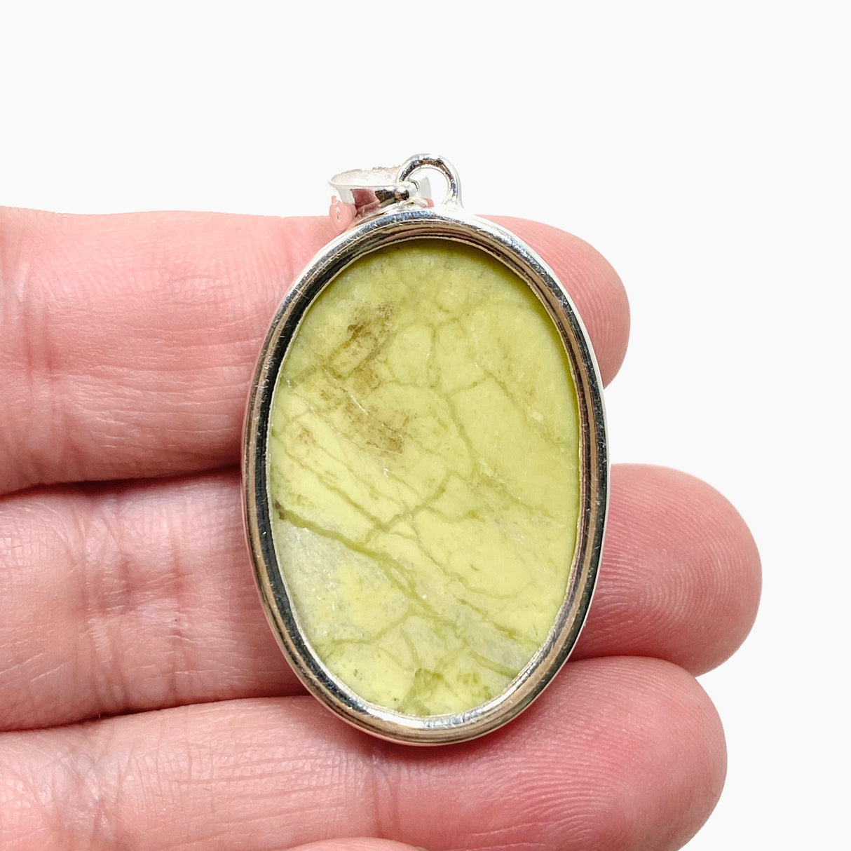 Green Opal (Madagascar) Oval Cabochon Pendant in a Hammered Setting KPGJ4653