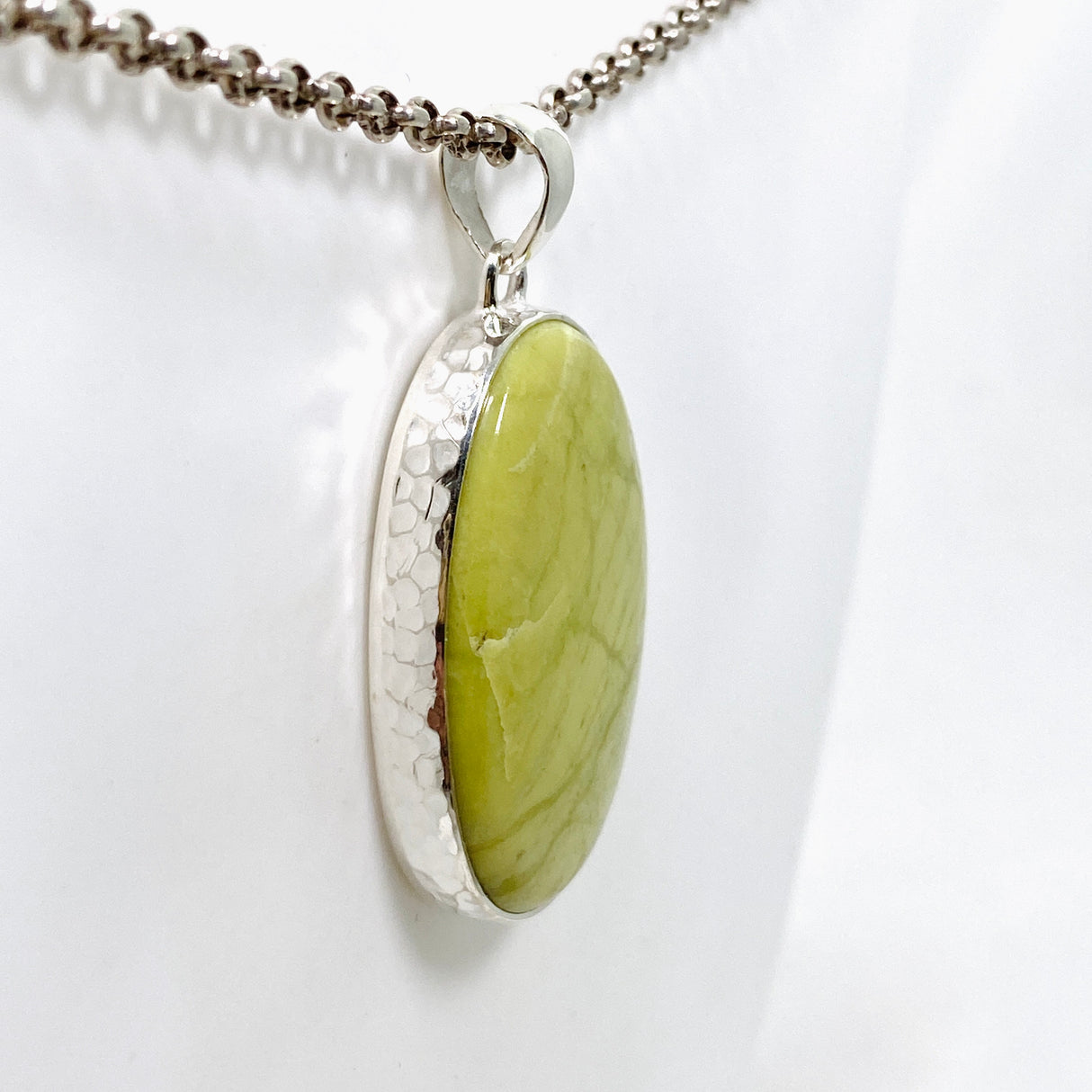 Green Opal (Madagascar) Oval Cabochon Pendant in a Hammered Setting KPGJ4653