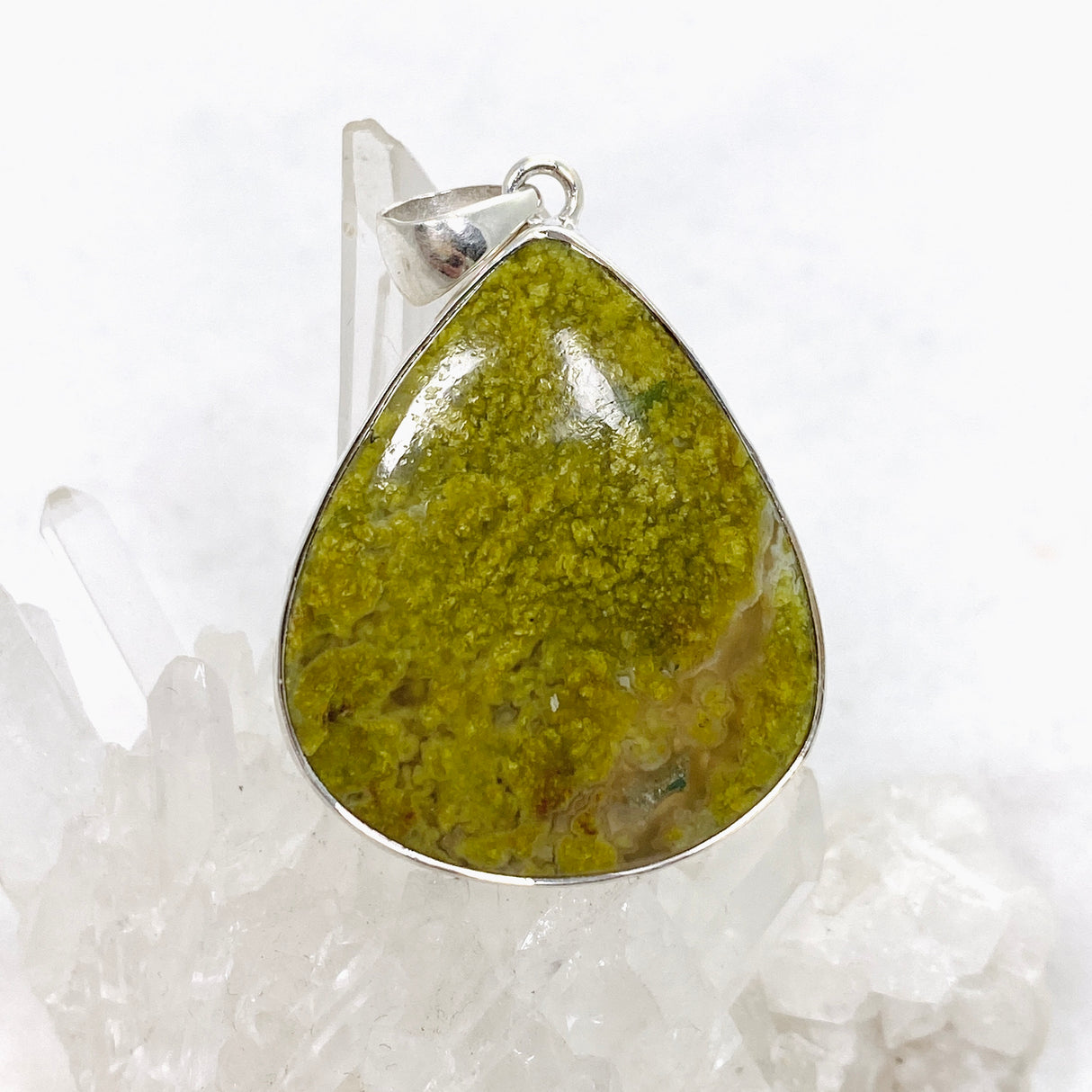 Green Opal (Madagascar) Teardrop Cabochon Pendant in a Hammered Setting KPGJ4665