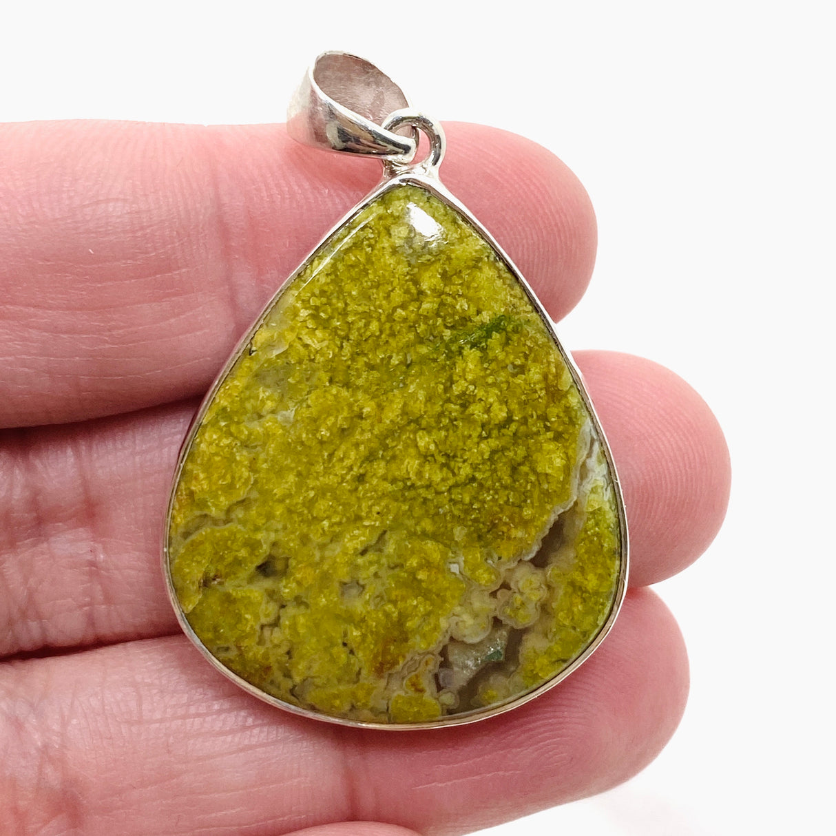 Green Opal (Madagascar) Teardrop Cabochon Pendant in a Hammered Setting KPGJ4665