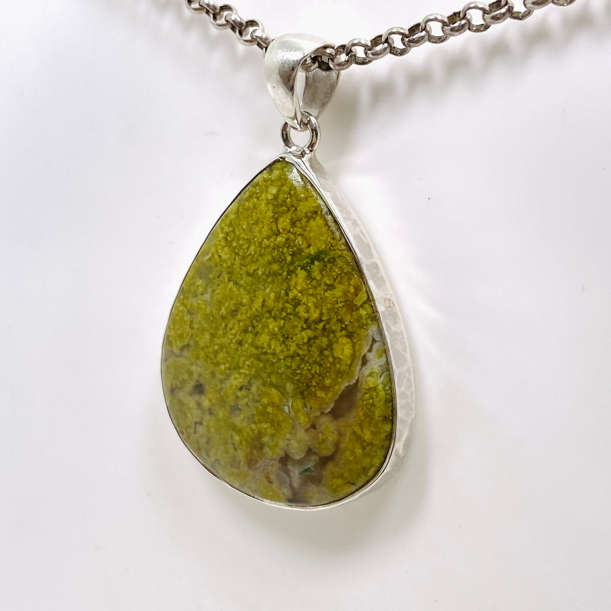 Green Opal (Madagascar) Teardrop Cabochon Pendant in a Hammered Setting KPGJ4665