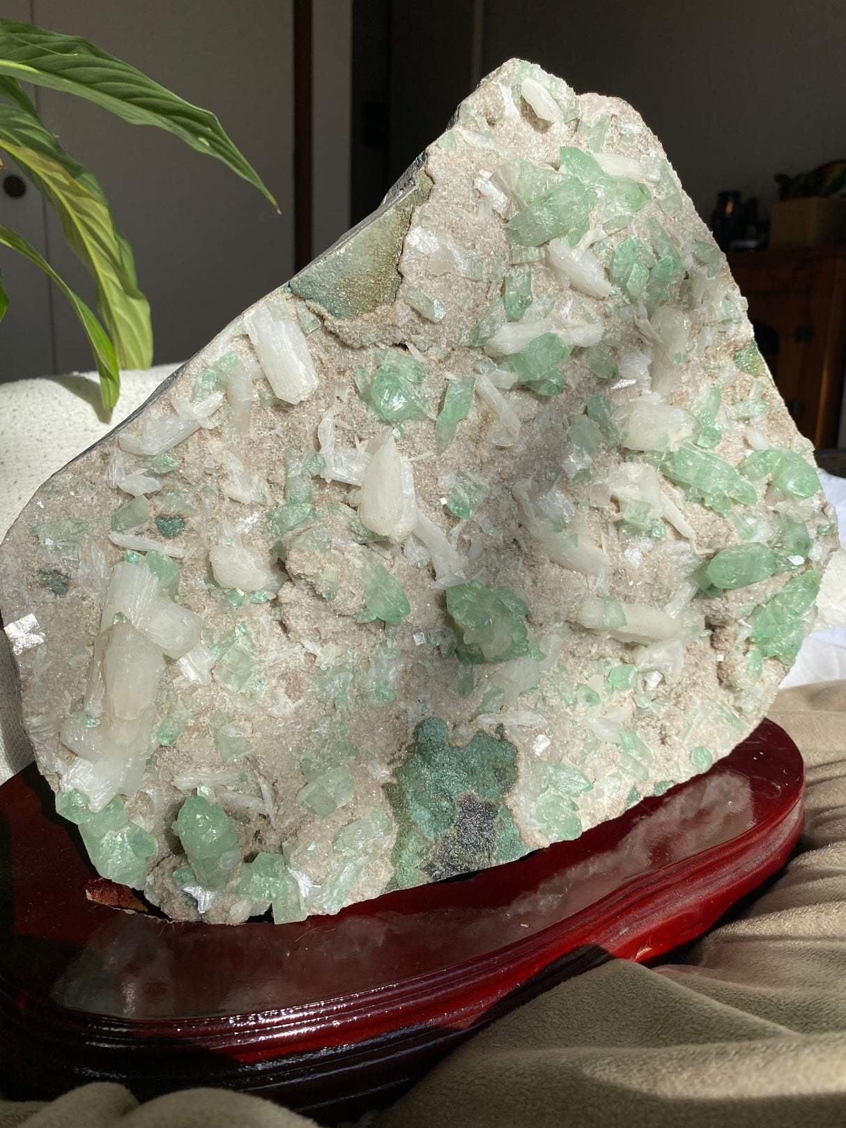 Green Apophyllite Heulandite Stilbite Large Cluster on a stand in the sun