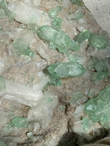 Close-up of green Apophyllite crystals with white stilbite on heulandite