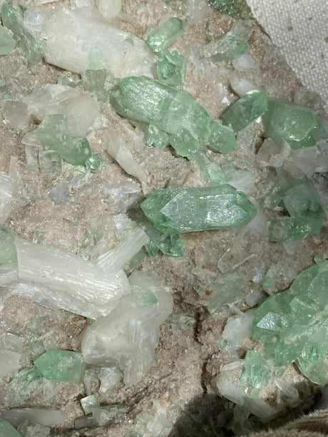 Close-up of green Apophyllite crystals with white stilbite on heulandite