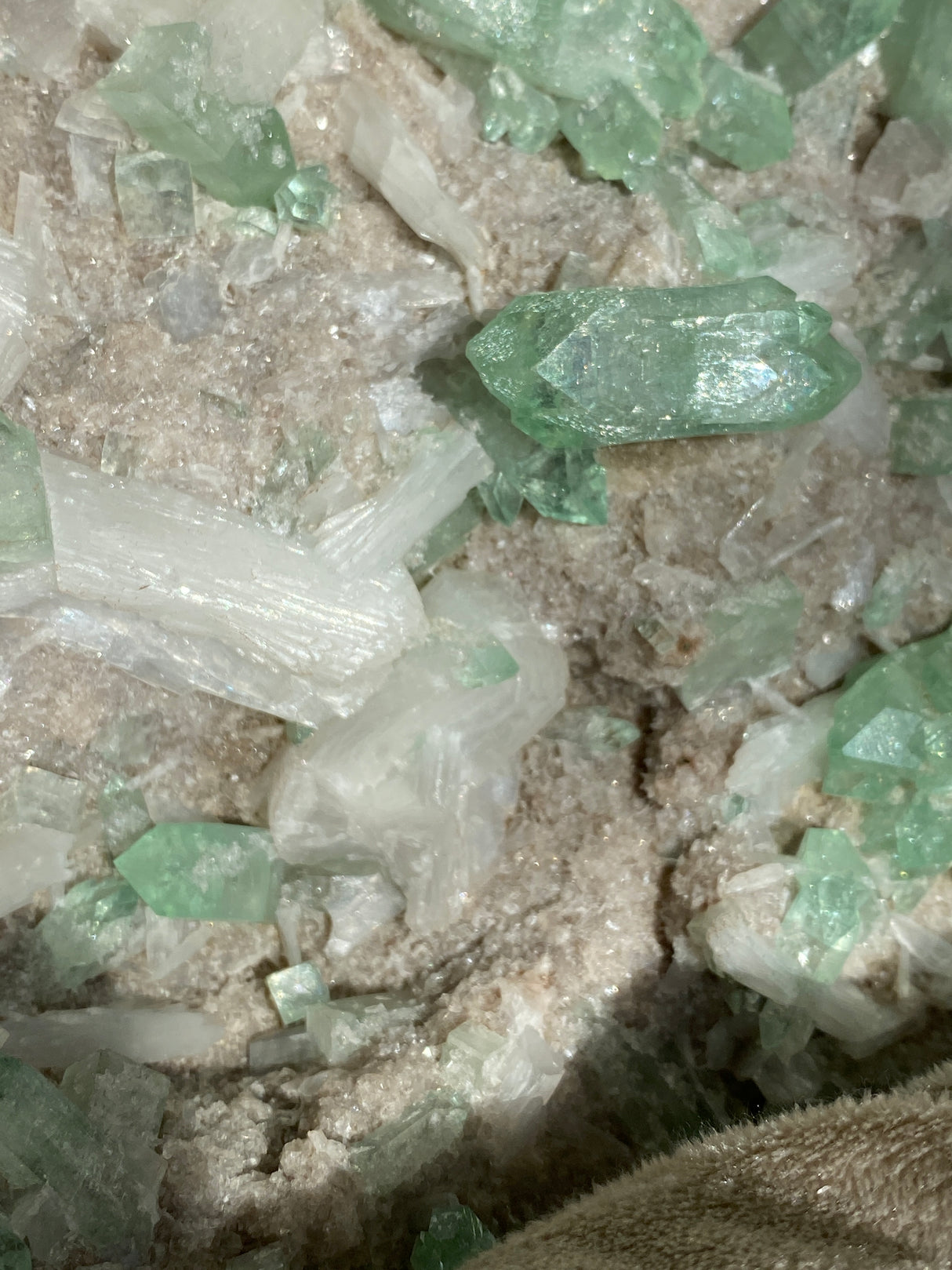 Close up of Green Apophyllite and white stilbute crystals