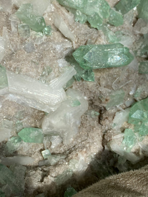 Close up of Green Apophyllite and white stilbute crystals