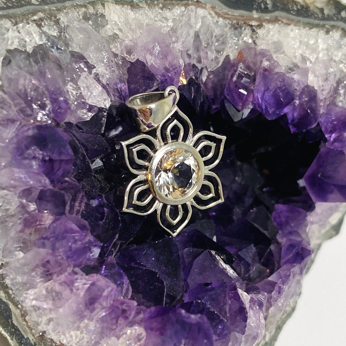 Herkimer Diamond Faceted Lotus Pendant  IVHP-01