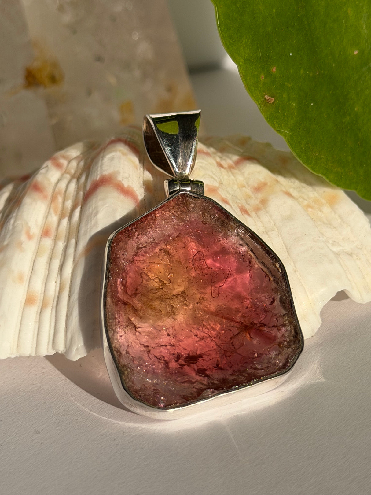 Gold & Pink Tourmaline Large Slice Pendant in Sterling Silver