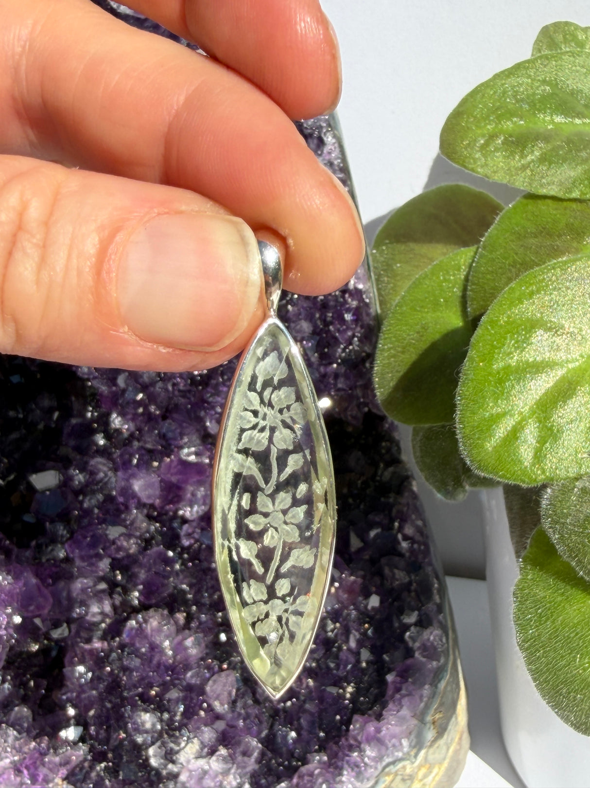 Carved Flower Prasiolite Marquise Sterling Silver Pendant EPGJ17