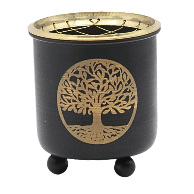 Incense Charcoal Burner BLACK GOLD TREE OF LIFE w Brass Grid