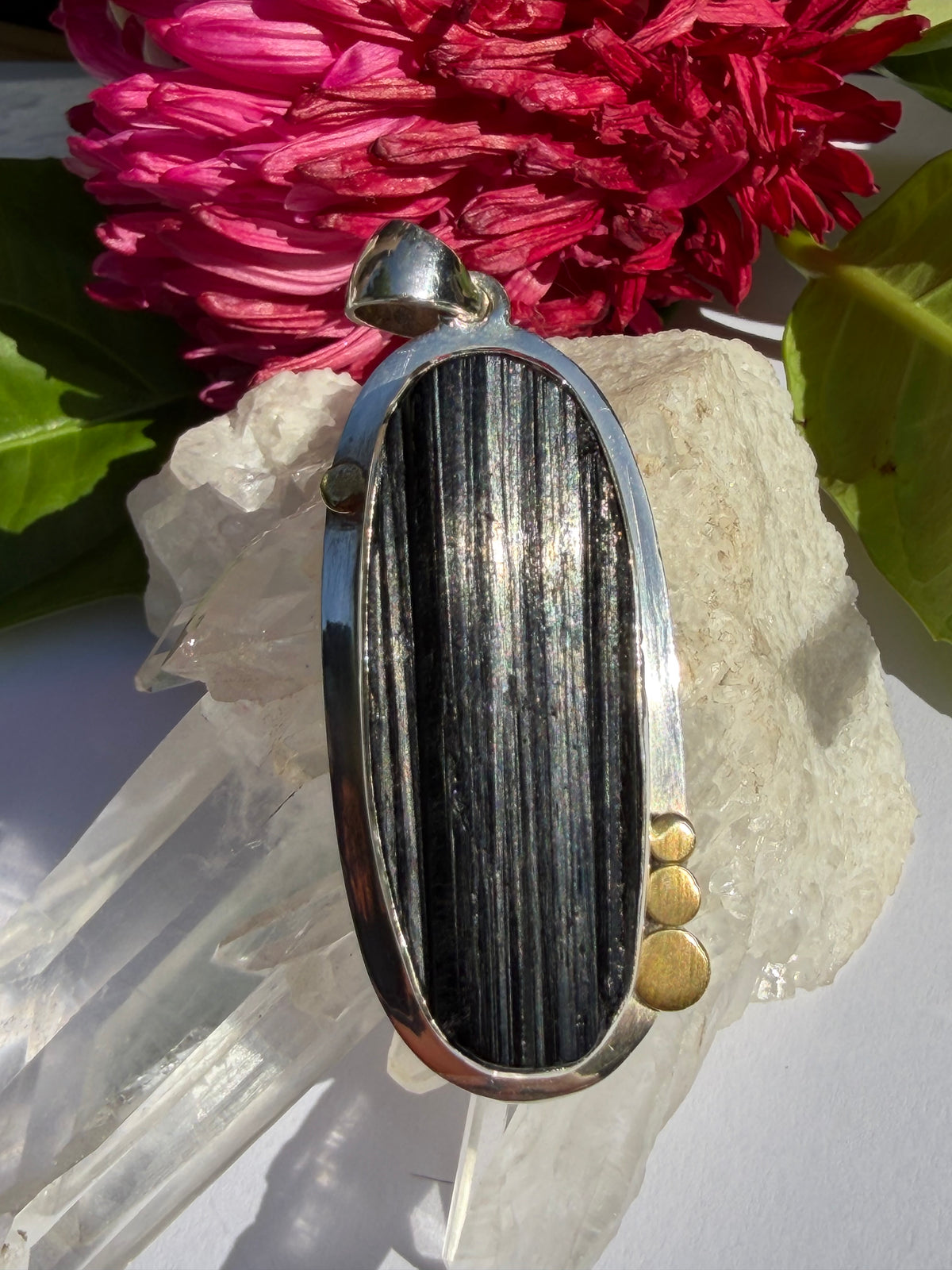 Black Tourmaline Oval Raw Pendant in a Decorative Setting KPGJ4595
