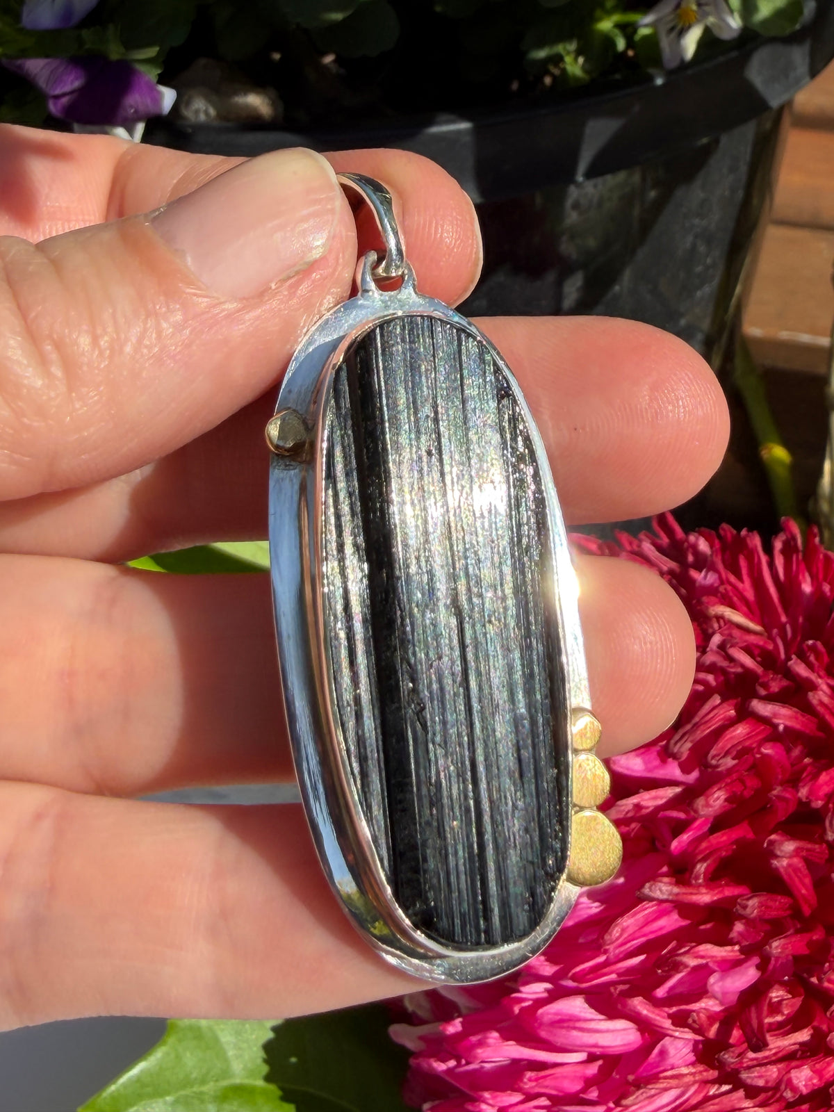 Black Tourmaline Oval Raw Pendant in a Decorative Setting KPGJ4595