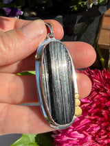 Black Tourmaline Oval Raw Pendant in a Decorative Setting KPGJ4595