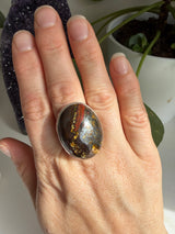 Tiger Iron Oval Ring with Hammered Band, Size 11 KRGJ3064